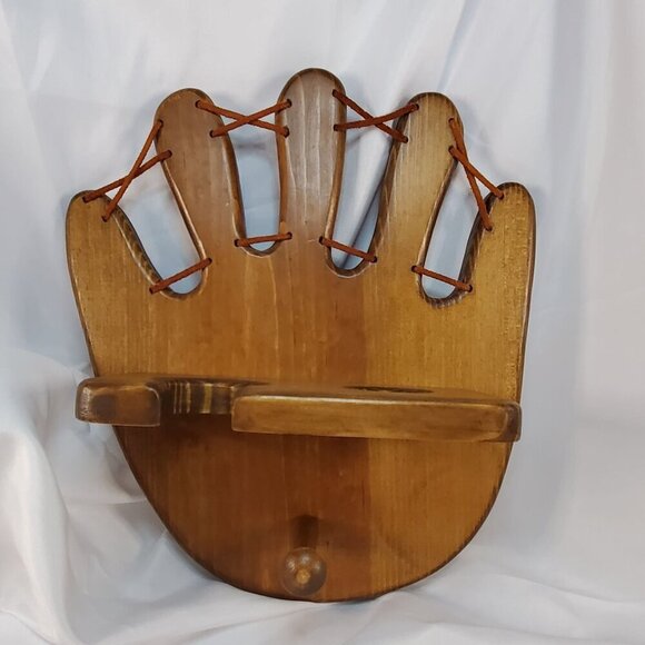 Wooden Baseball Glove Shaped Bat and Ball Holder Display Rack With Peg - Picture 2 of 10